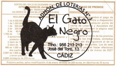 Reverso del d&eacute;cimo 91962 con el sello de la Administraci&oacute;n &laquo;El Gato Negro&raquo;, en C&aacute;diz